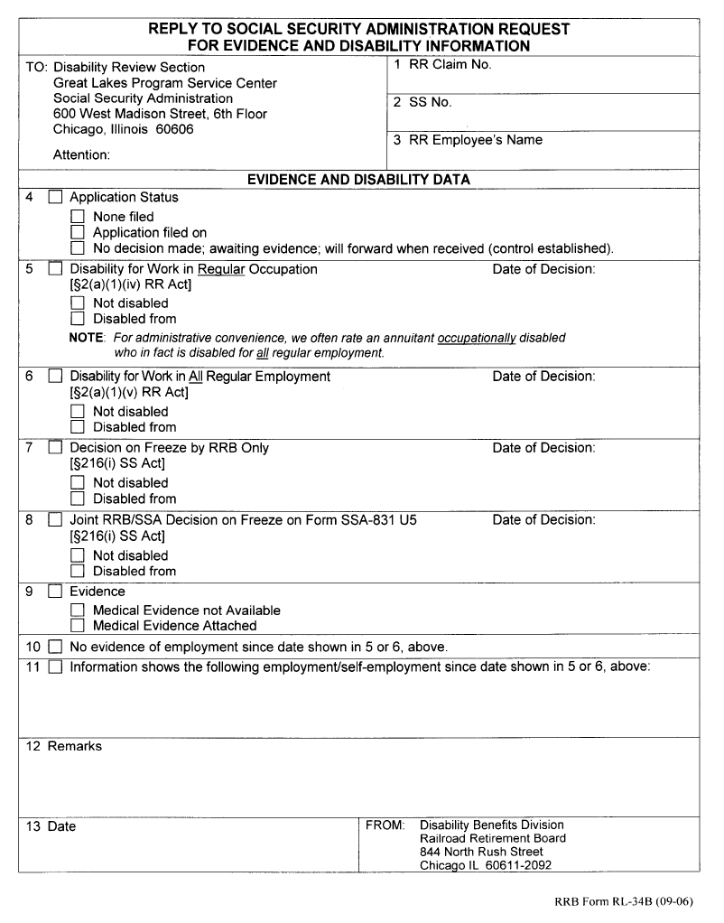 SSA POMS DI 44001 165 Exhibit RRB Form RL 34B Reply To Social Security Administration Request For Evidence And Disability Information 03 23 2010