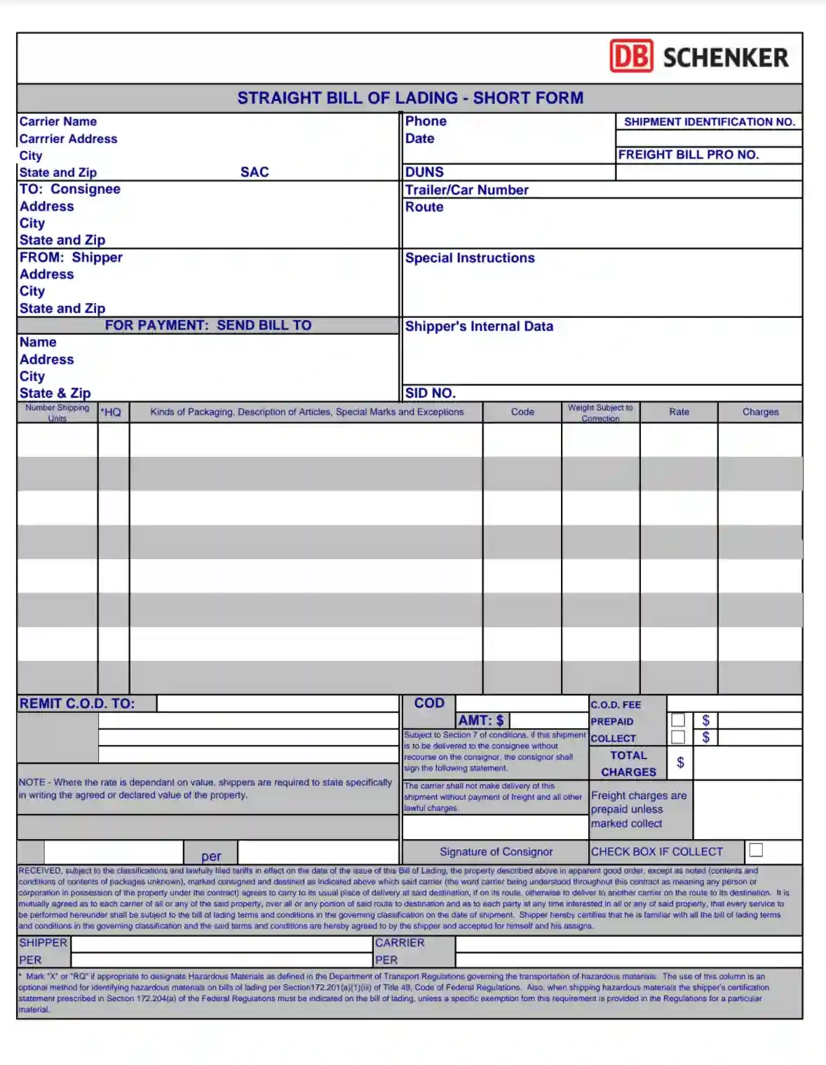 Straight Bill Of Lading Form Fill Out Printable BOL Short Form