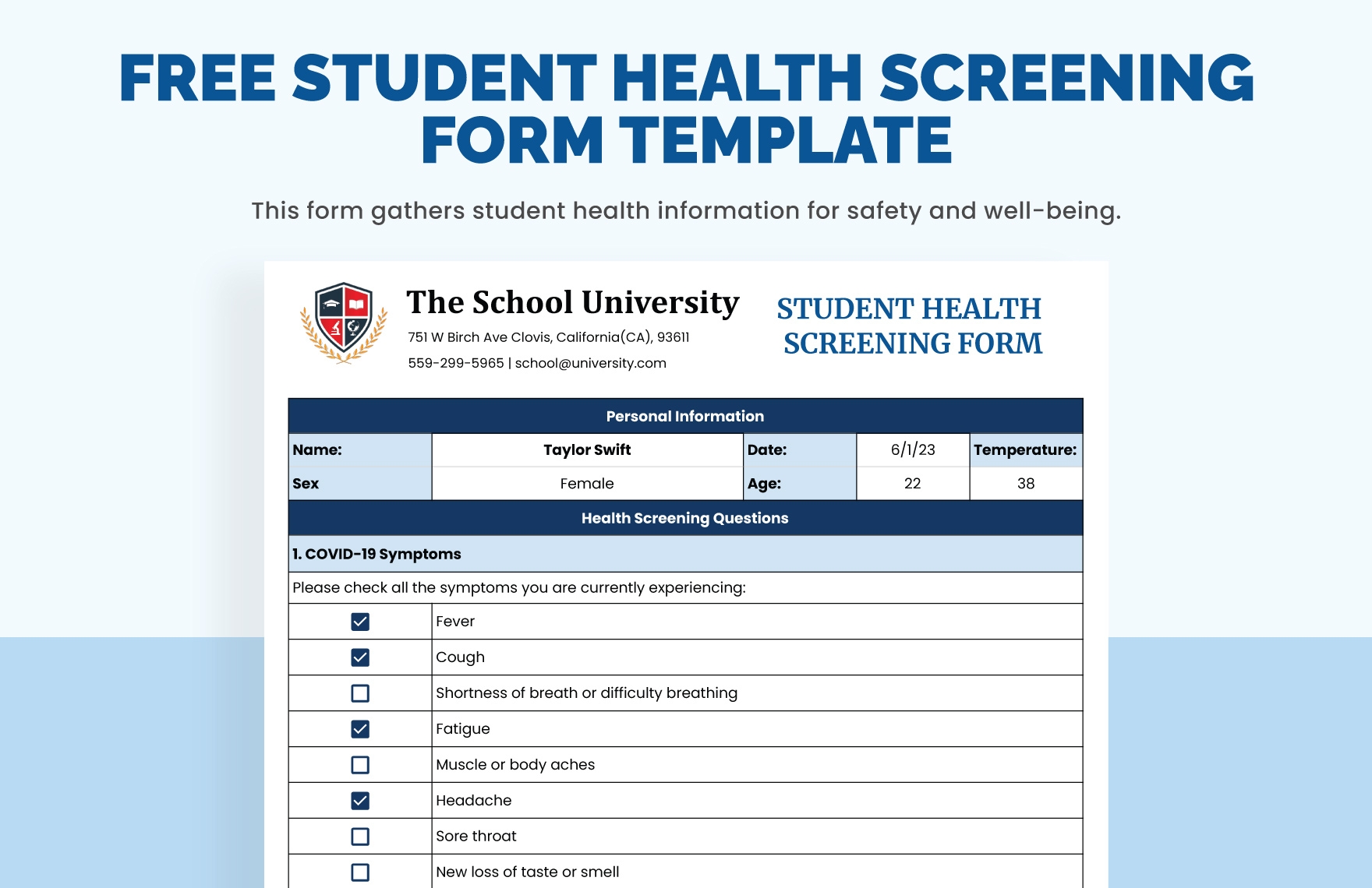 Student Health Screening Form Template In Excel Google Sheets Download Template