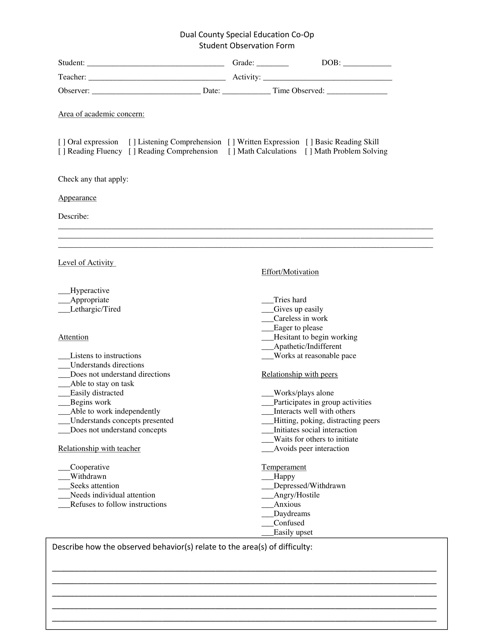 Student Observation Form Fill Out Printable PDF Forms Online
