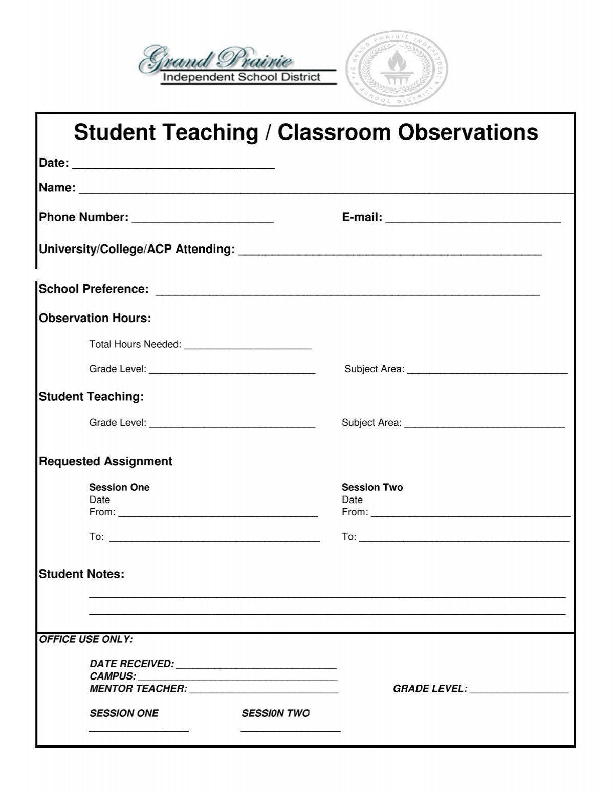 Student Teaching Classroom Observation Form