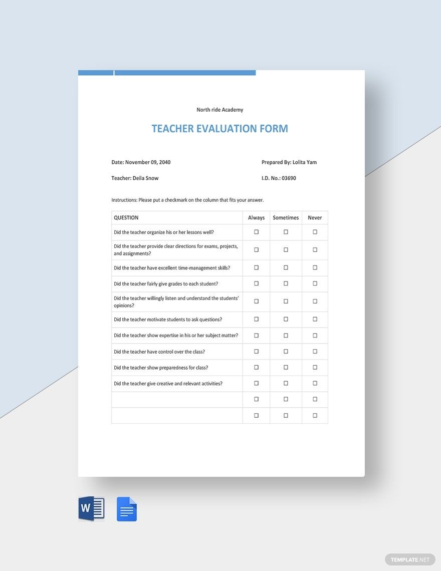 Teachers Evaluation Form Template In Word Google Docs Download Template