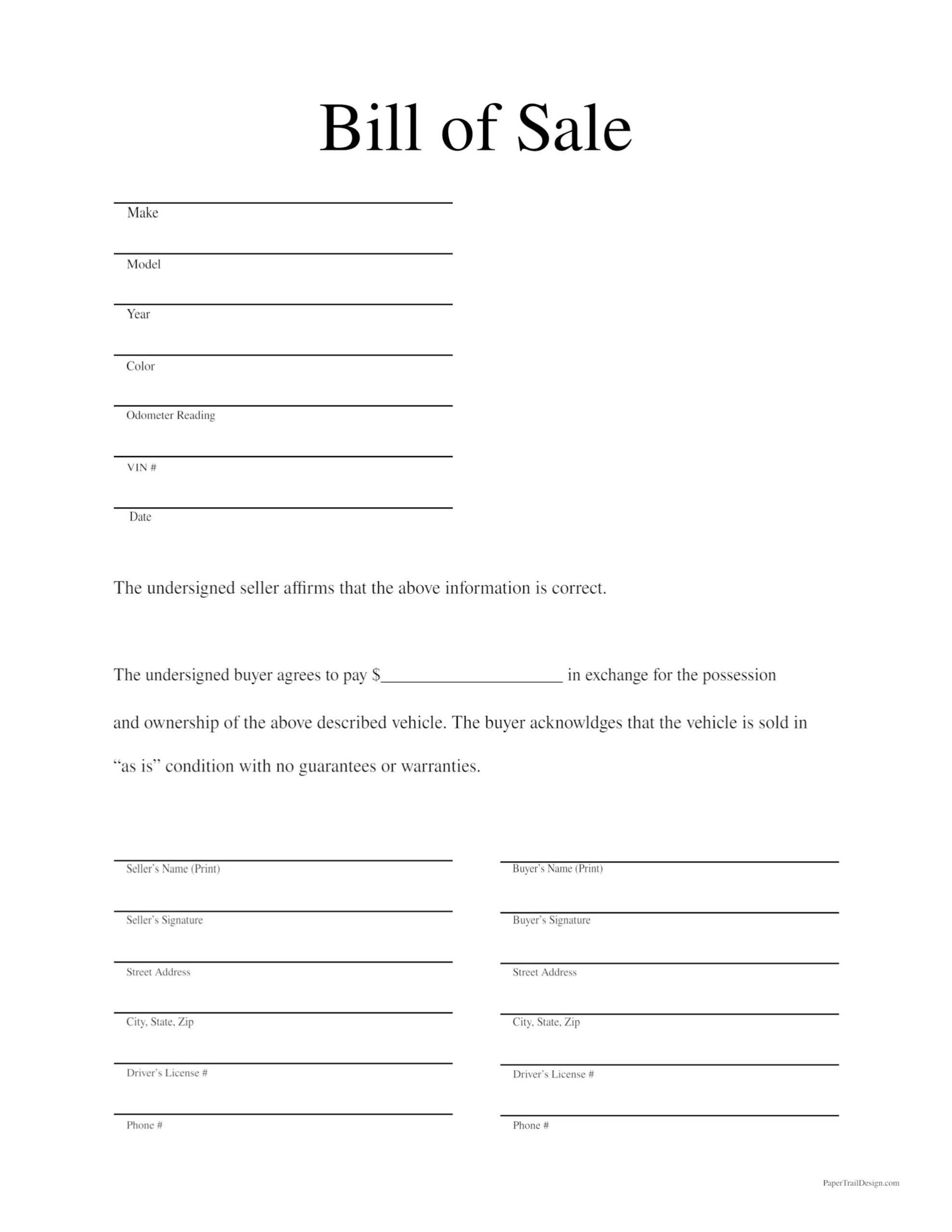 Printable Vehicle Bill Of Sale Form
