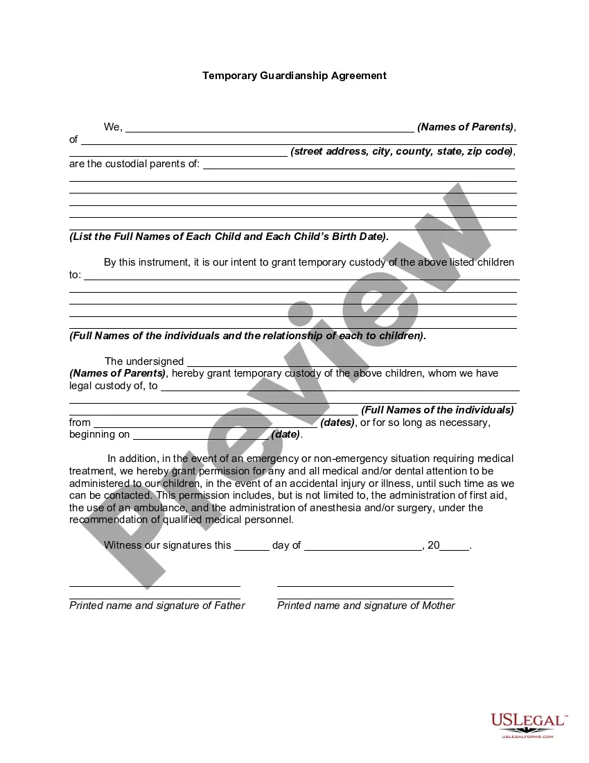 Temporary Guardianship Agreement Temporary Guardianship Form US Legal Forms