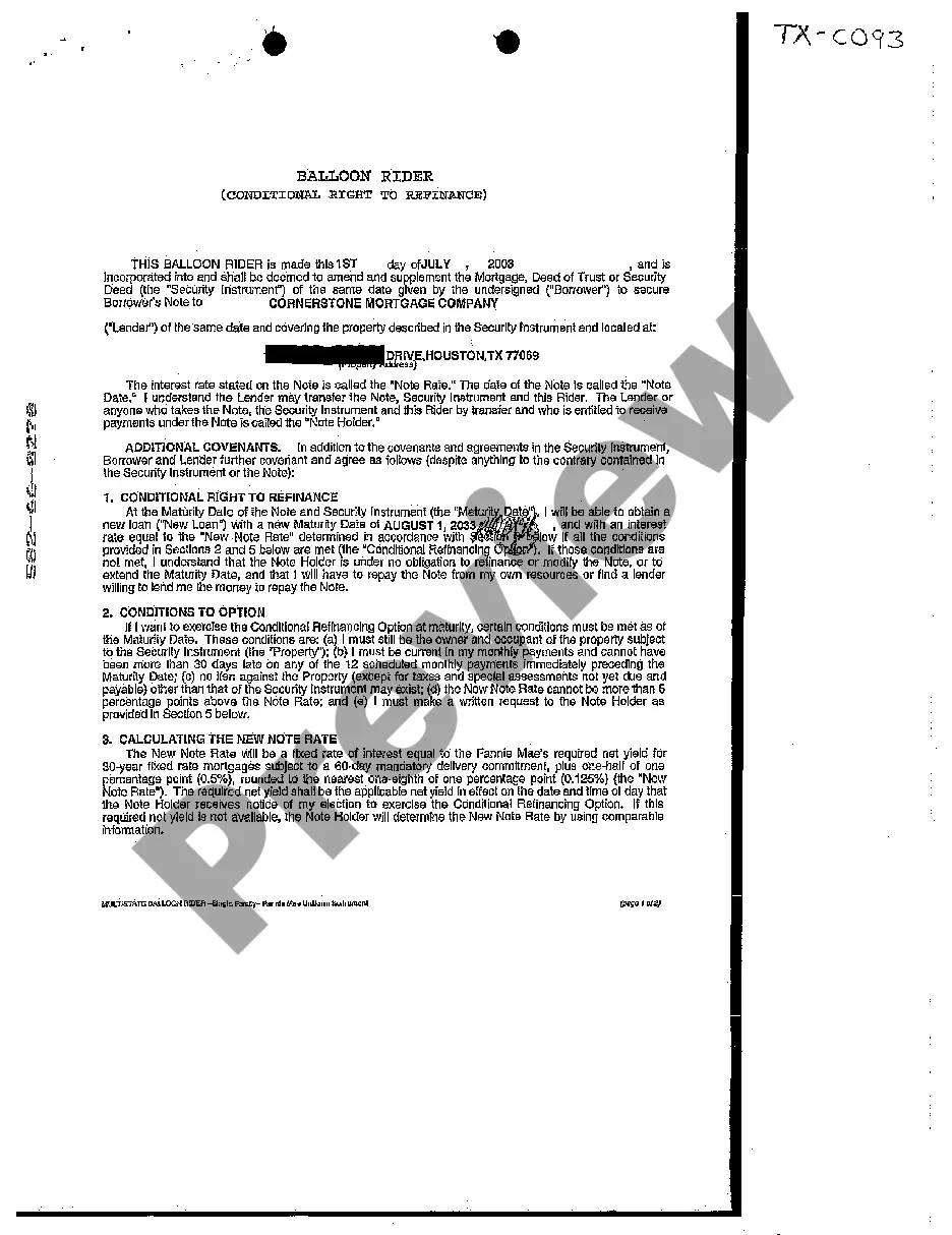 Texas Balloon Rider Mortgage Amendment US Legal Forms