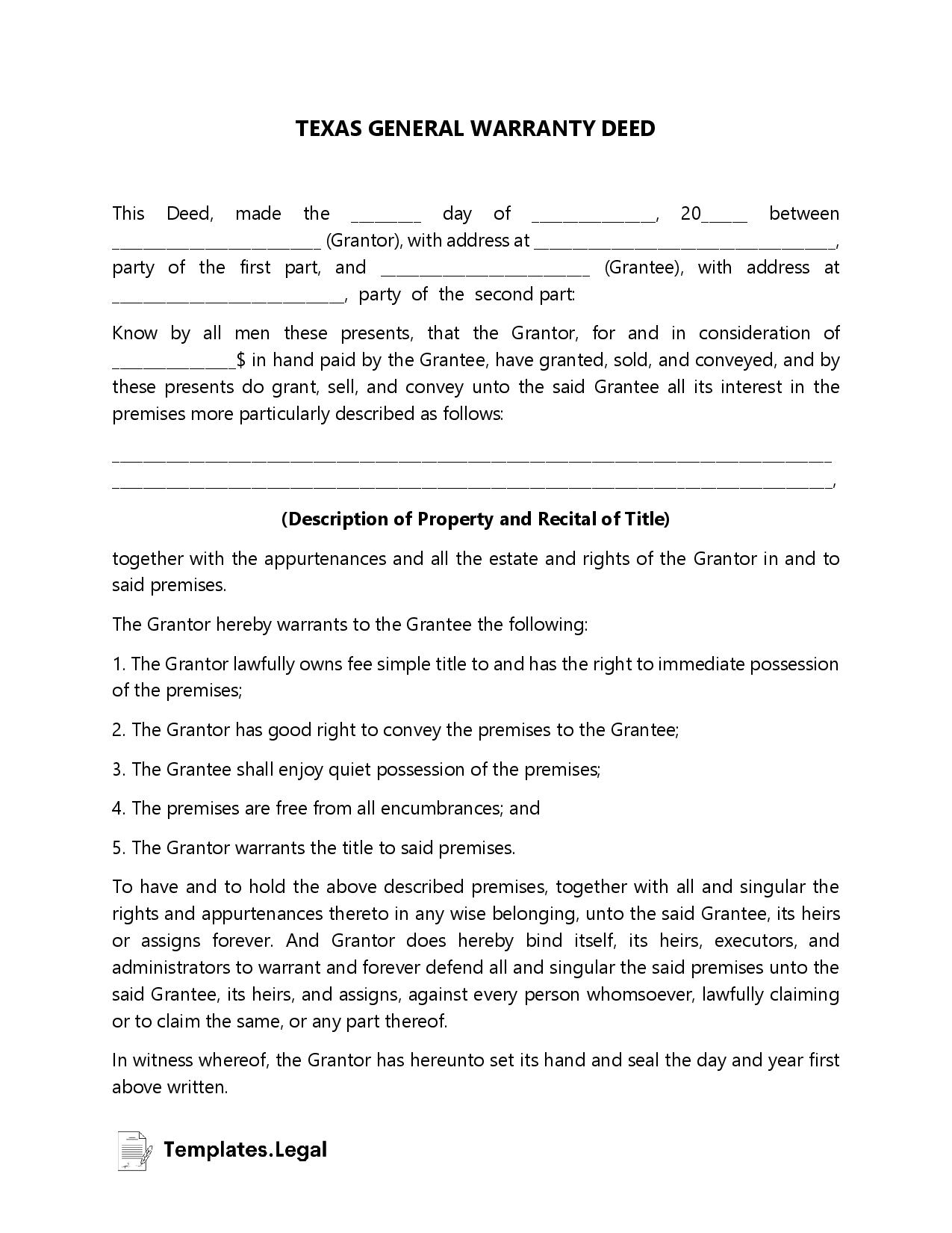 Texas Deed Forms Templates Free Word PDF ODT 