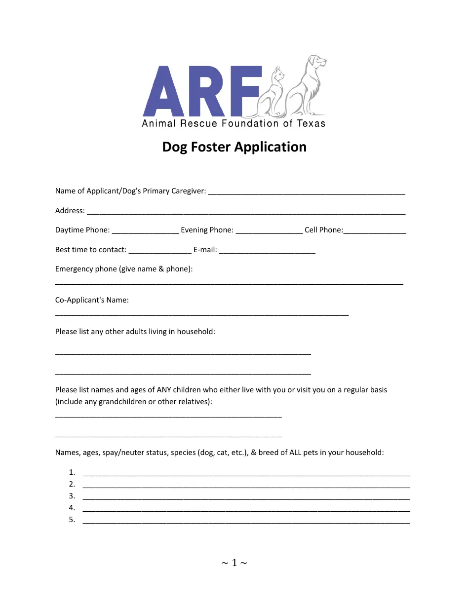 Texas Dog Foster Application Form Animal Rescue Foundation Of Texas Fill Out Sign Online And Download PDF Templateroller