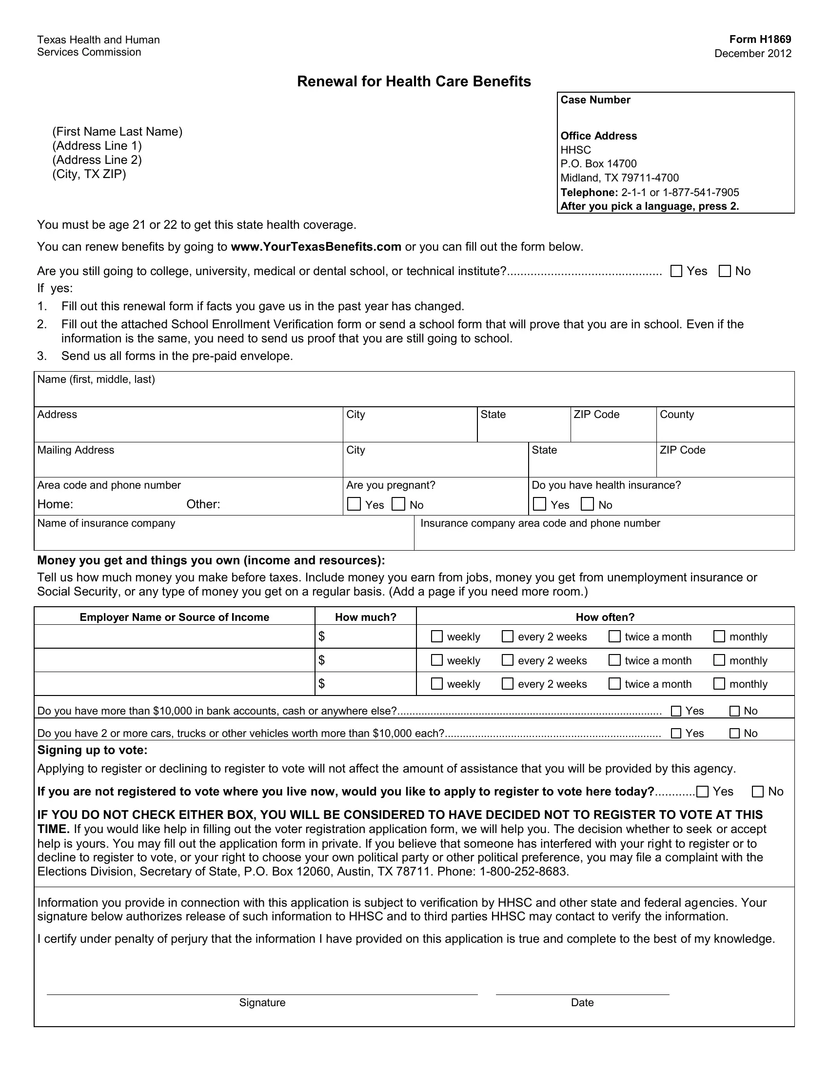 Texas Form H1869 Fill Out Printable PDF Forms Online Texas Form H1869 Fill Out Printable PDF Forms Online