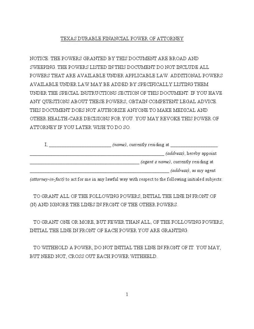 Power Of Attorney Texas Form Printable