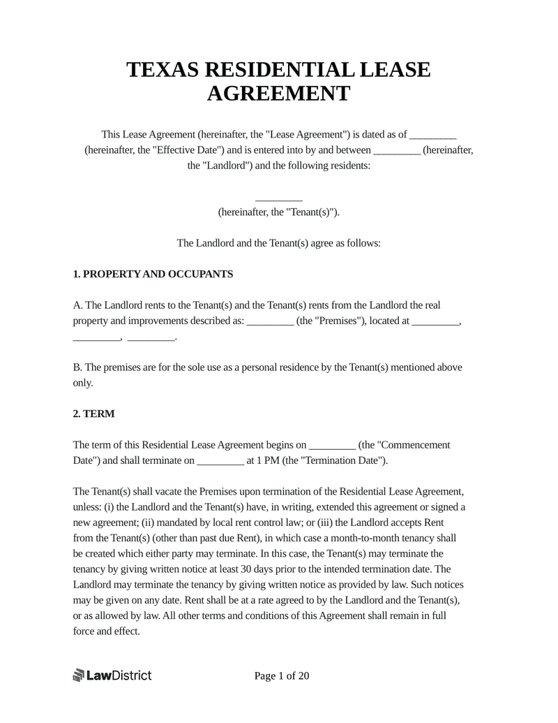 Texas Residential Lease Agreement Form Free PDF Sample LawDistrict