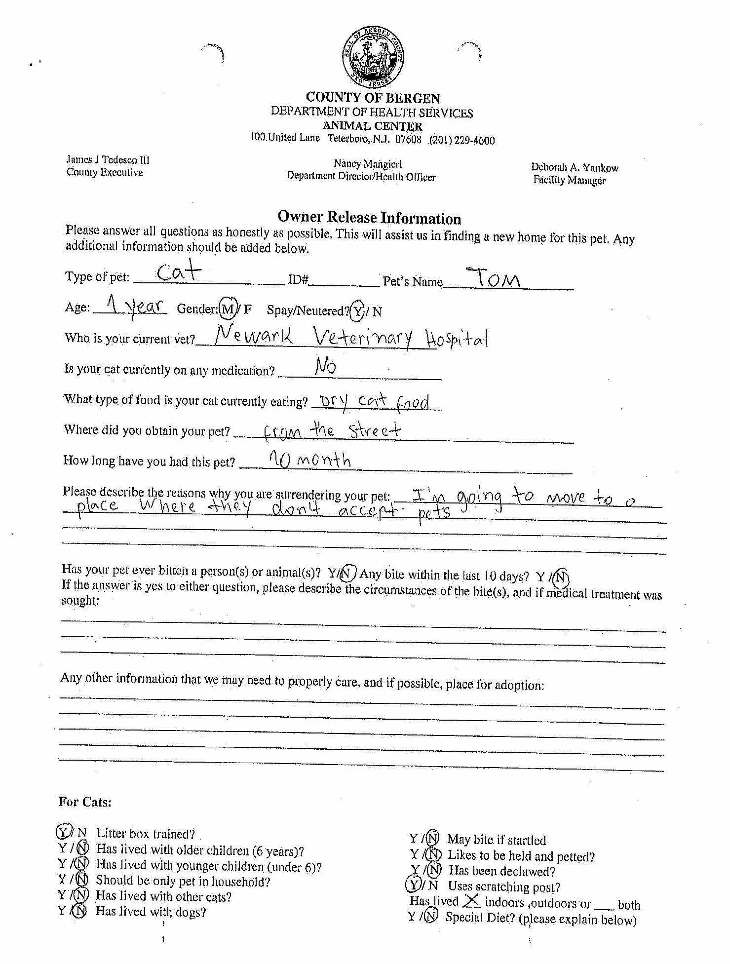 Tom Owner Surrender Form NJ Animal Observer
