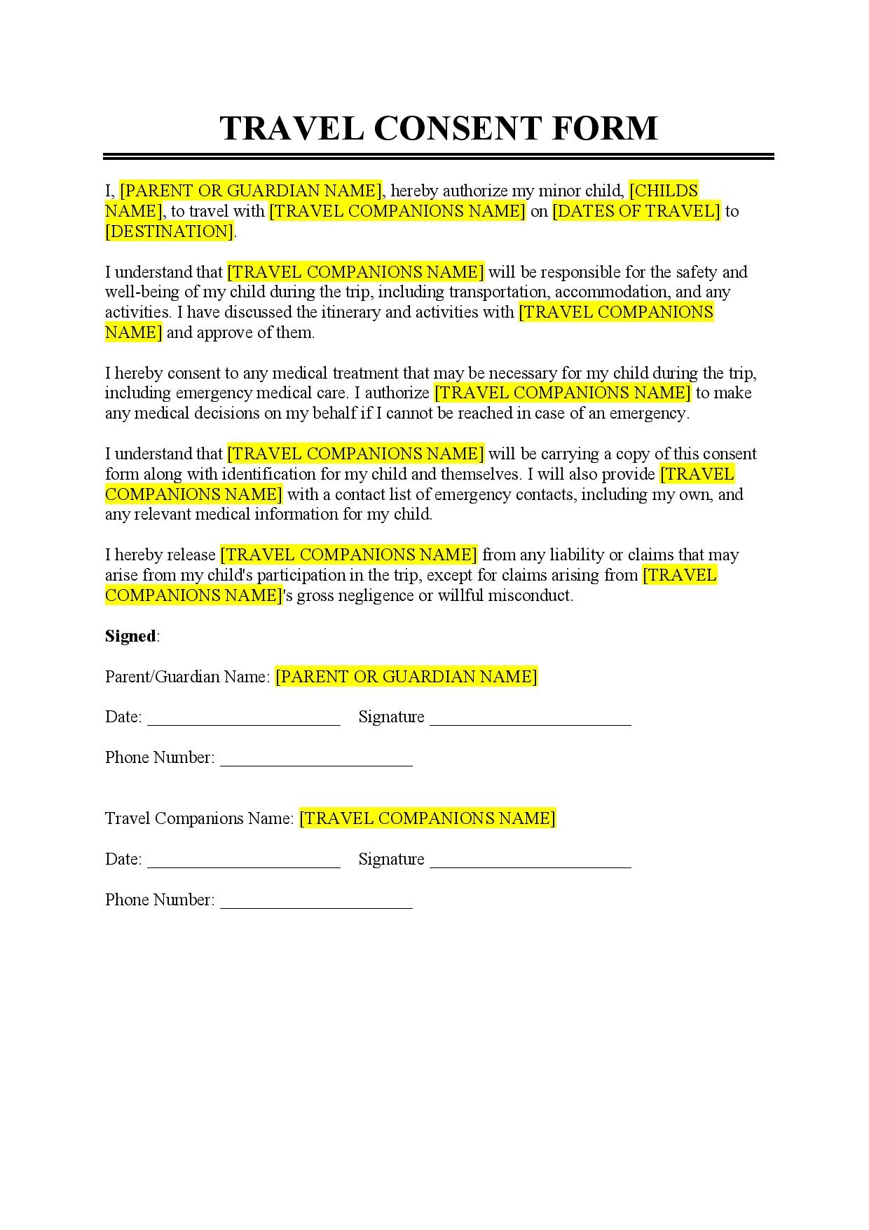 Notary Printable Child Travel Consent Form