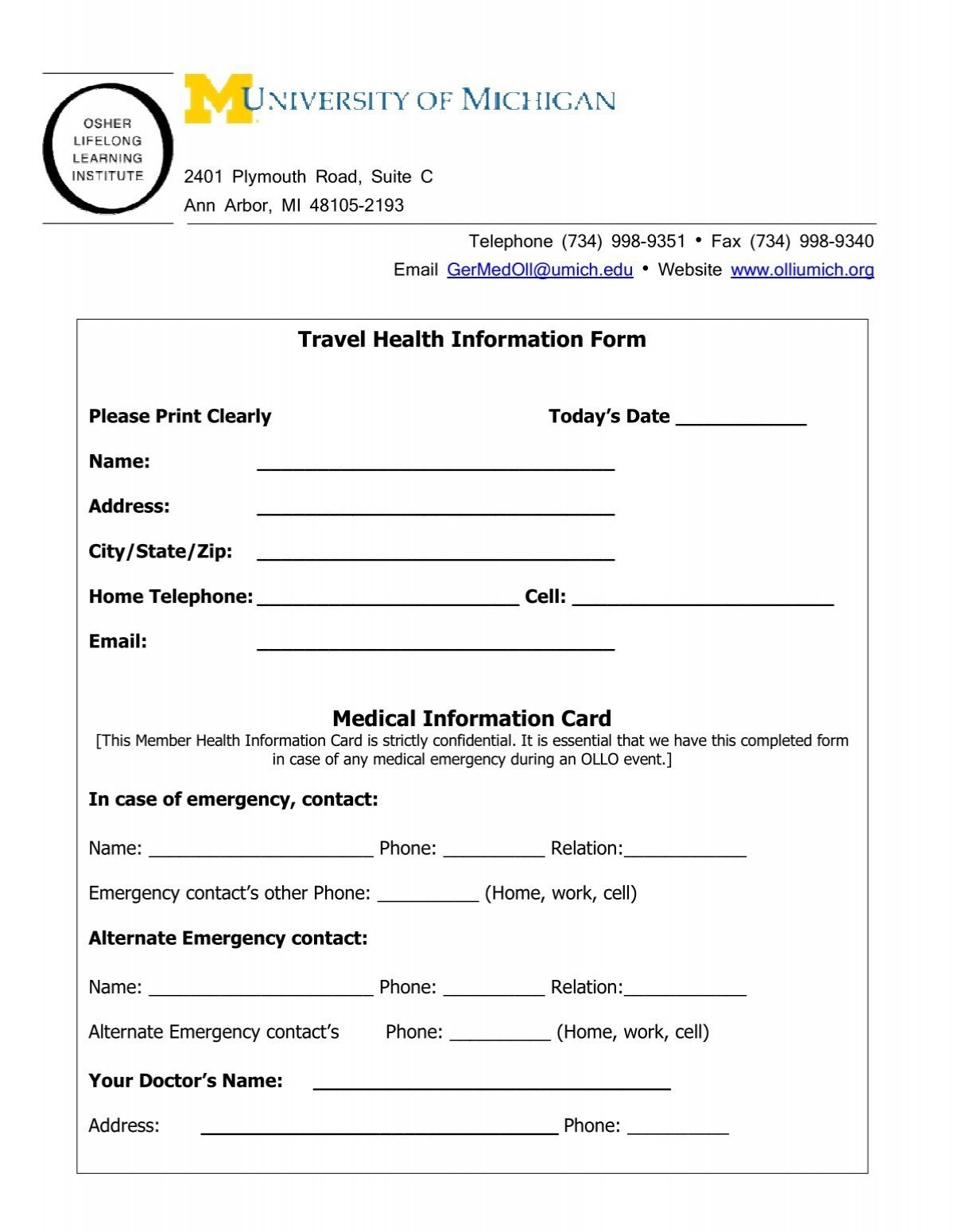 Travel Health Information Form Medical Information Card