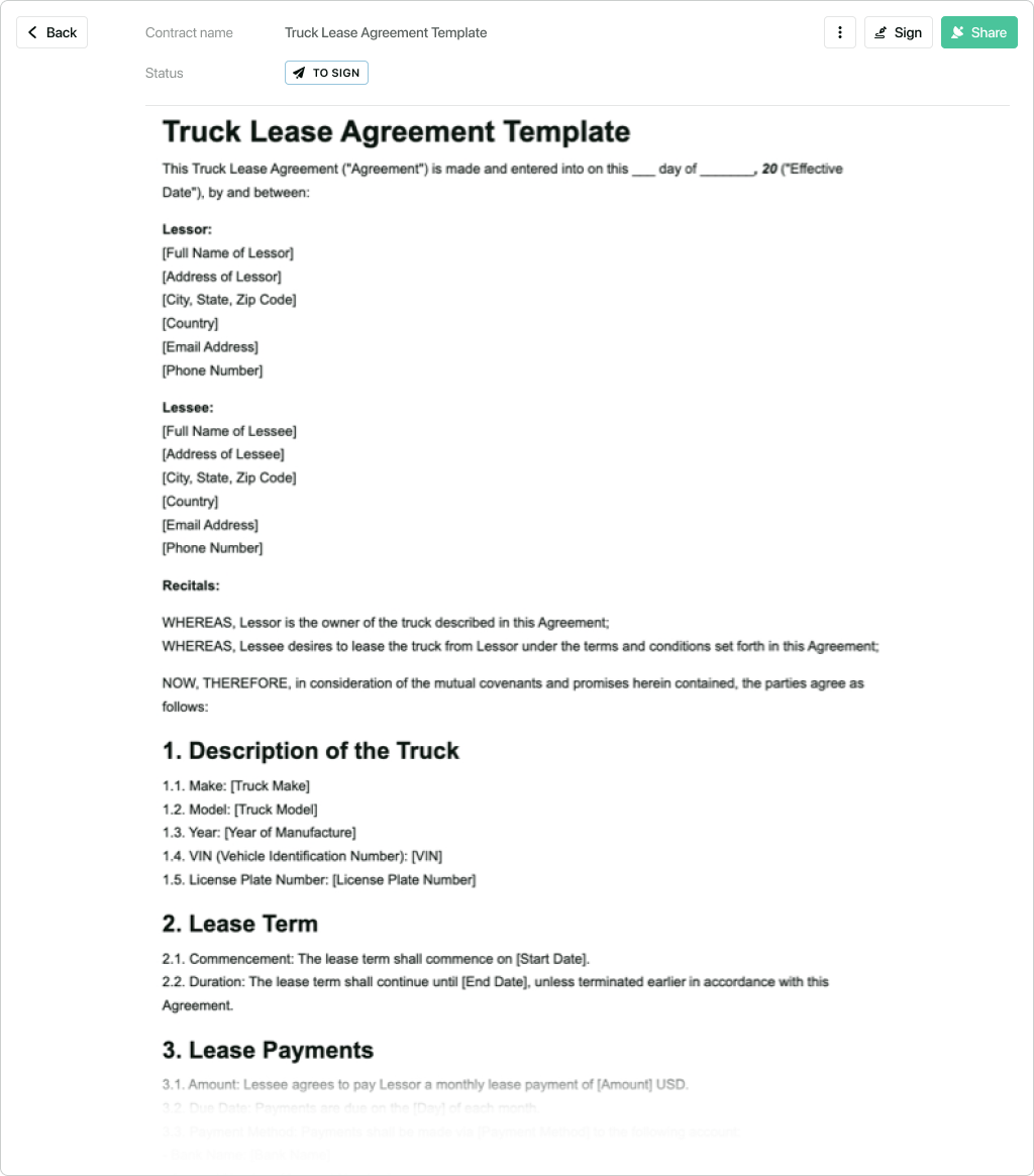 Truck Lease Agreement Template Free To Use Truck Lease Agreement Template Free To Use