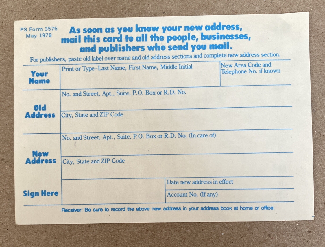 USPS Form 3576 Change Of Address Postcard 1978 Cyan Blue Unused EBay