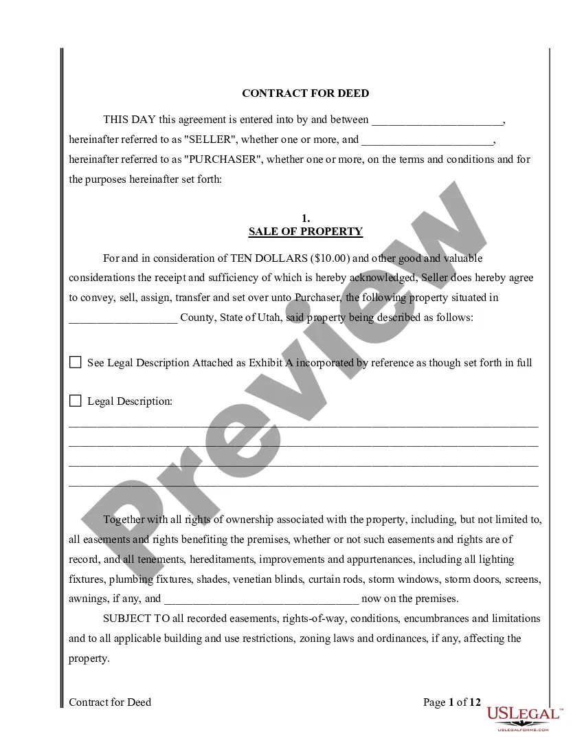 Utah Agreement Or Contract For Deed For Sale And Purchase Of Real Estate A k a Land Or Executory Contract Printable Contract For Deed Template US Legal Forms