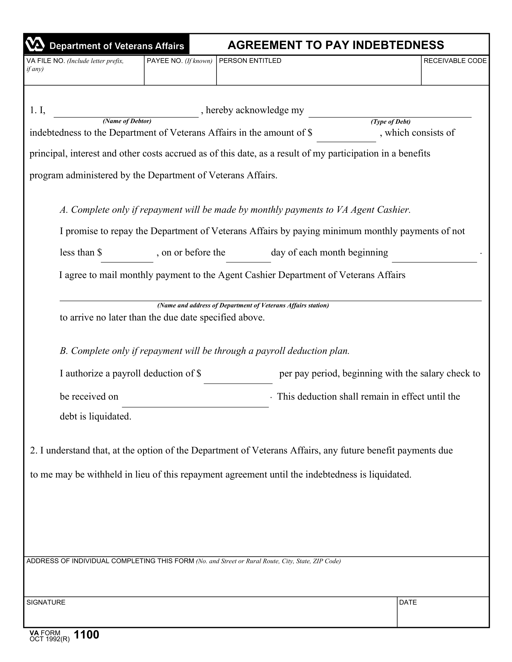 VA Form 1100 Agreement To Pay Indebtedness Forms Docs 2023