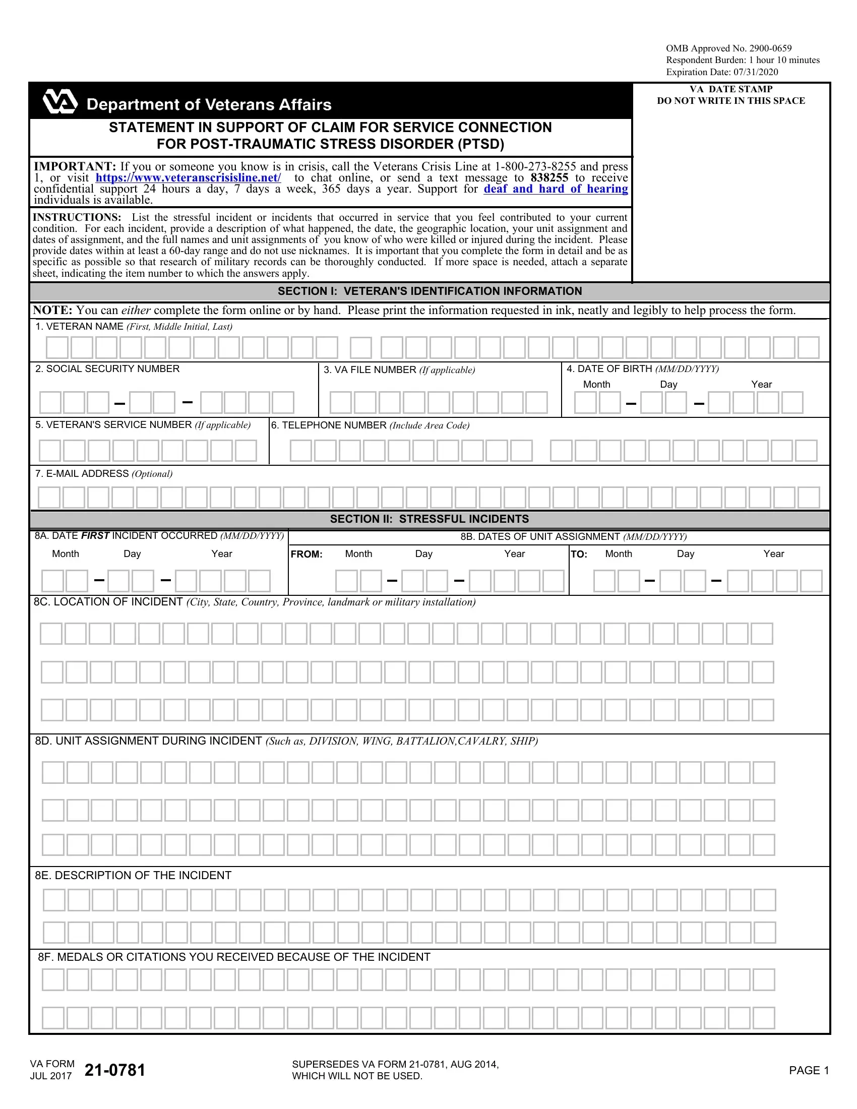 Va Form 21 0781 Fill Out Printable PDF Forms Online