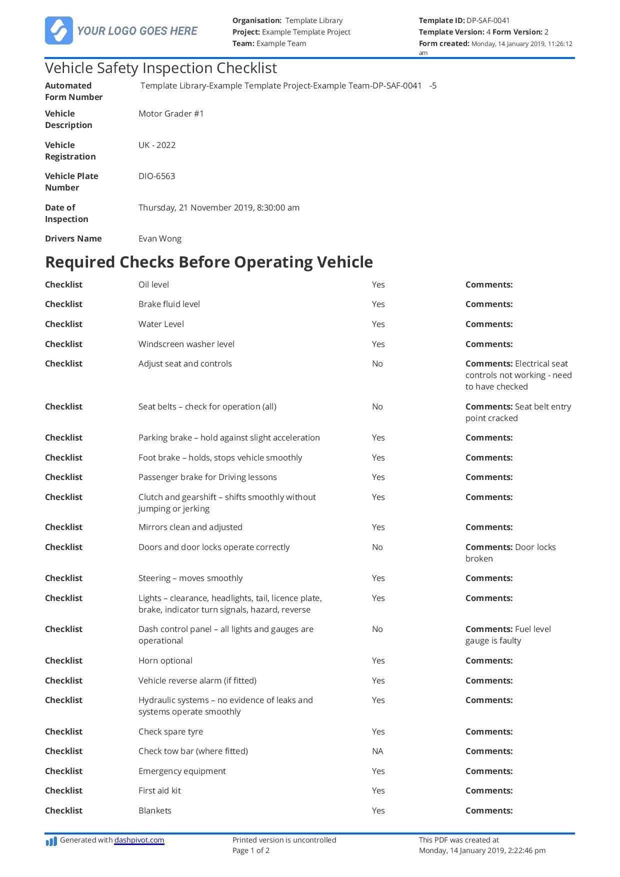 Vehicle Safety Inspection Checklist Template Free And Customisable Vehicle Safety Inspection Checklist Template Free And Customisable