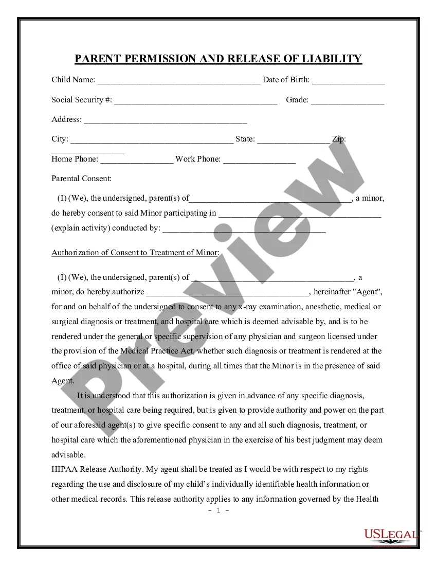 Virginia Parental Permission Medical Consent And Release Of Liability US Legal Forms