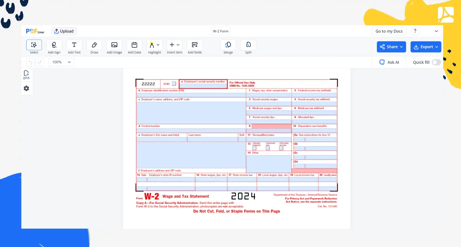 W 2 Form 2024 IRS W2 Tax PDF Template