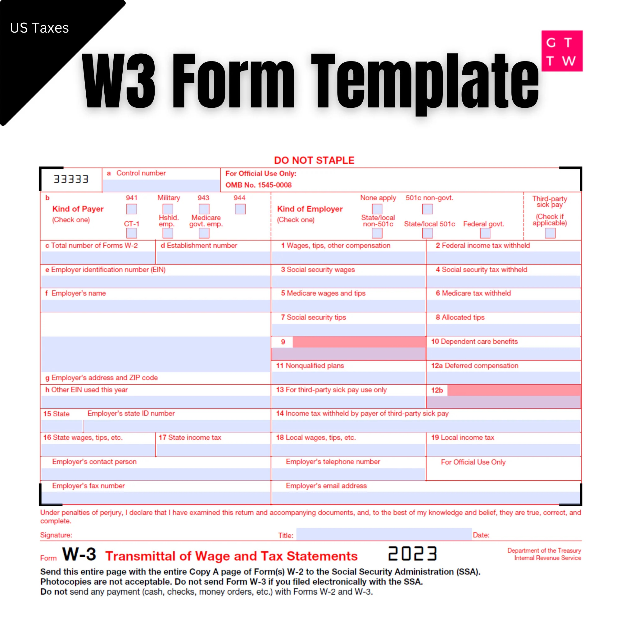 W3 Form IRS 2023 Fillable PDF Etsy