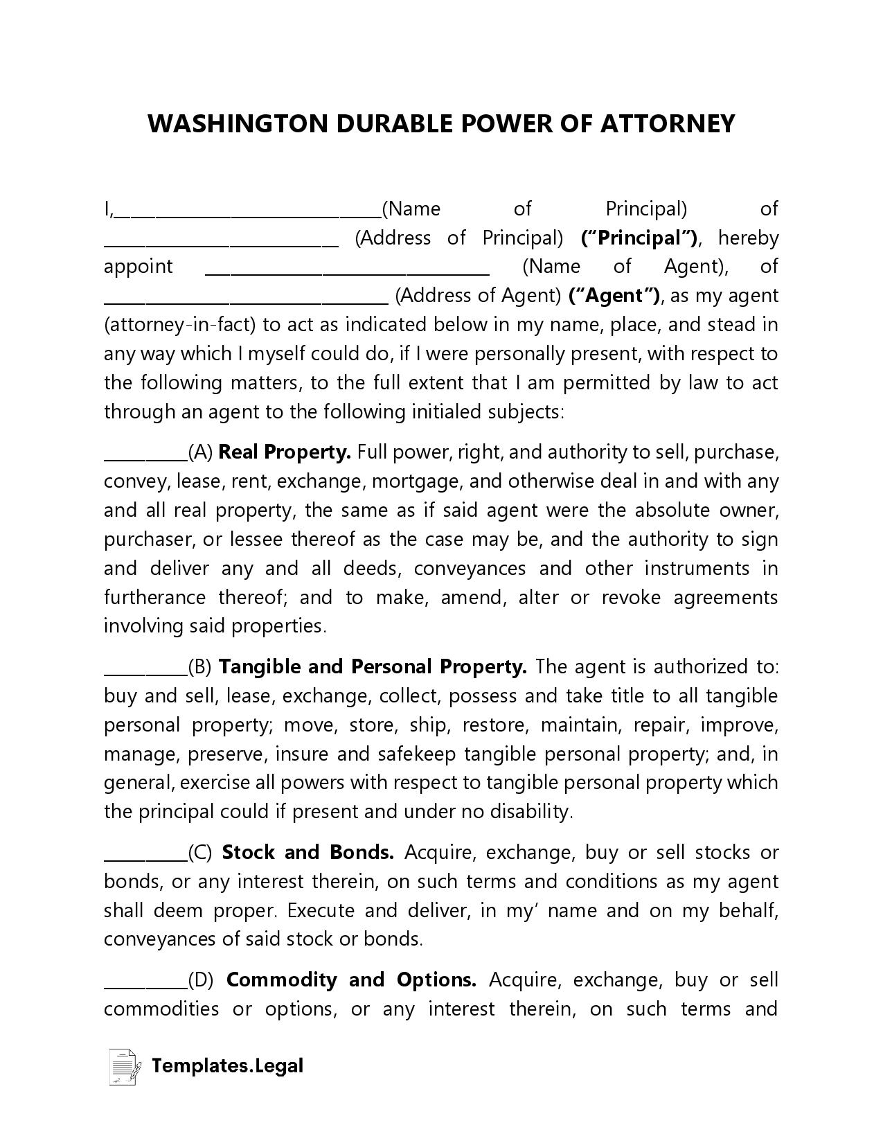 Washington Power Of Attorney Templates Free Word PDF ODT 