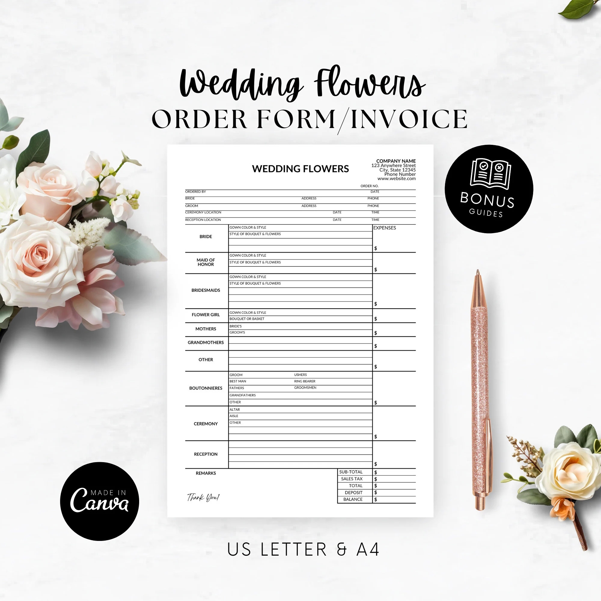 Wedding Flowers Order Sheet Invoice For Wedding Planner Digital Florist Wedding Order Form Template Event Floral Order Editable Sheet Etsy