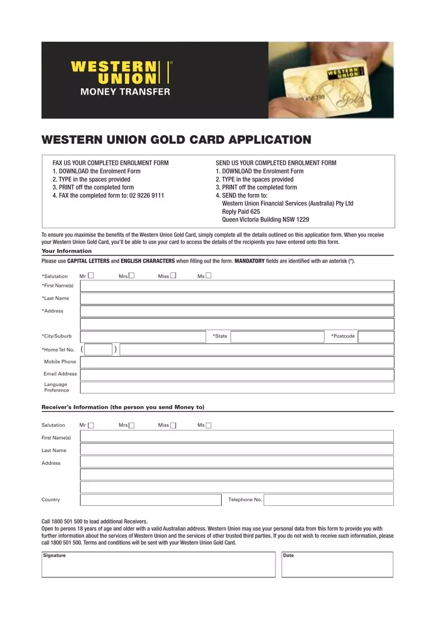 Western Union Gold Card Apply Fill Out Printable PDF Forms Online