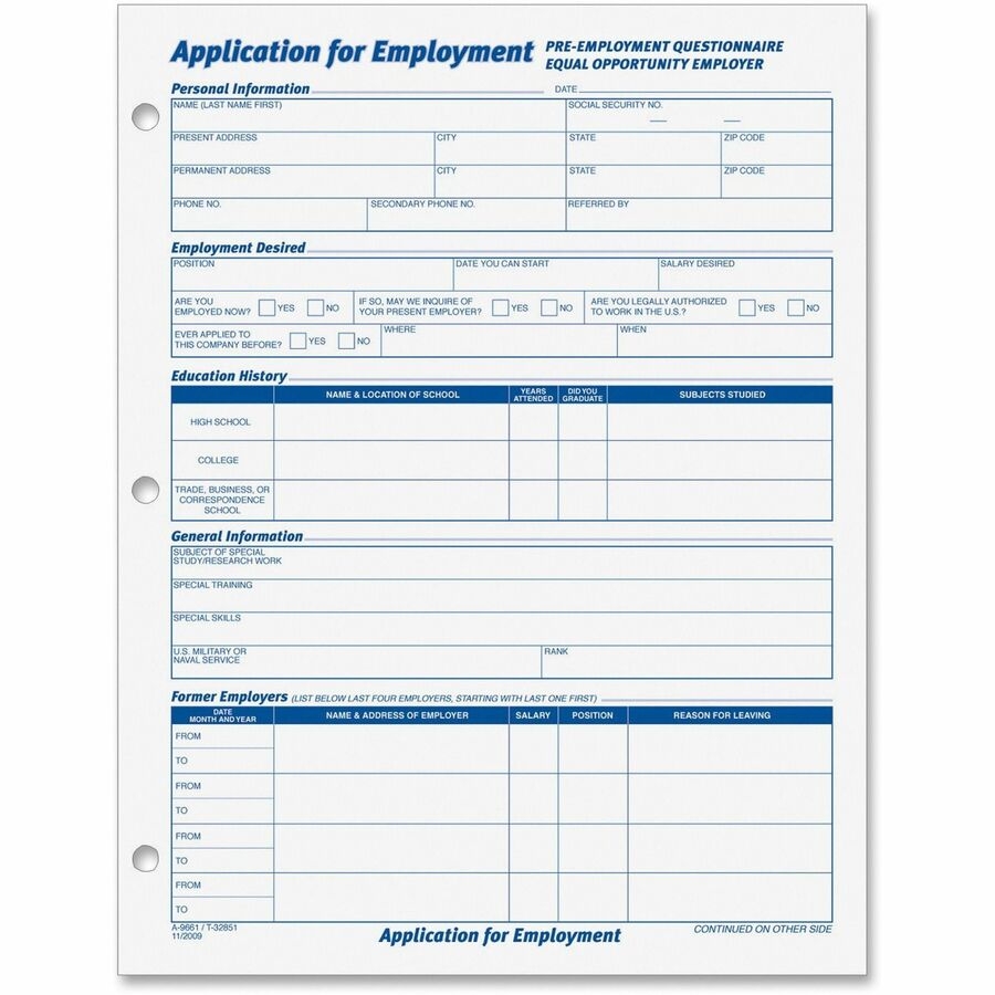 Wholesale TOPS Employment Application Forms TOP32851 In Bulk