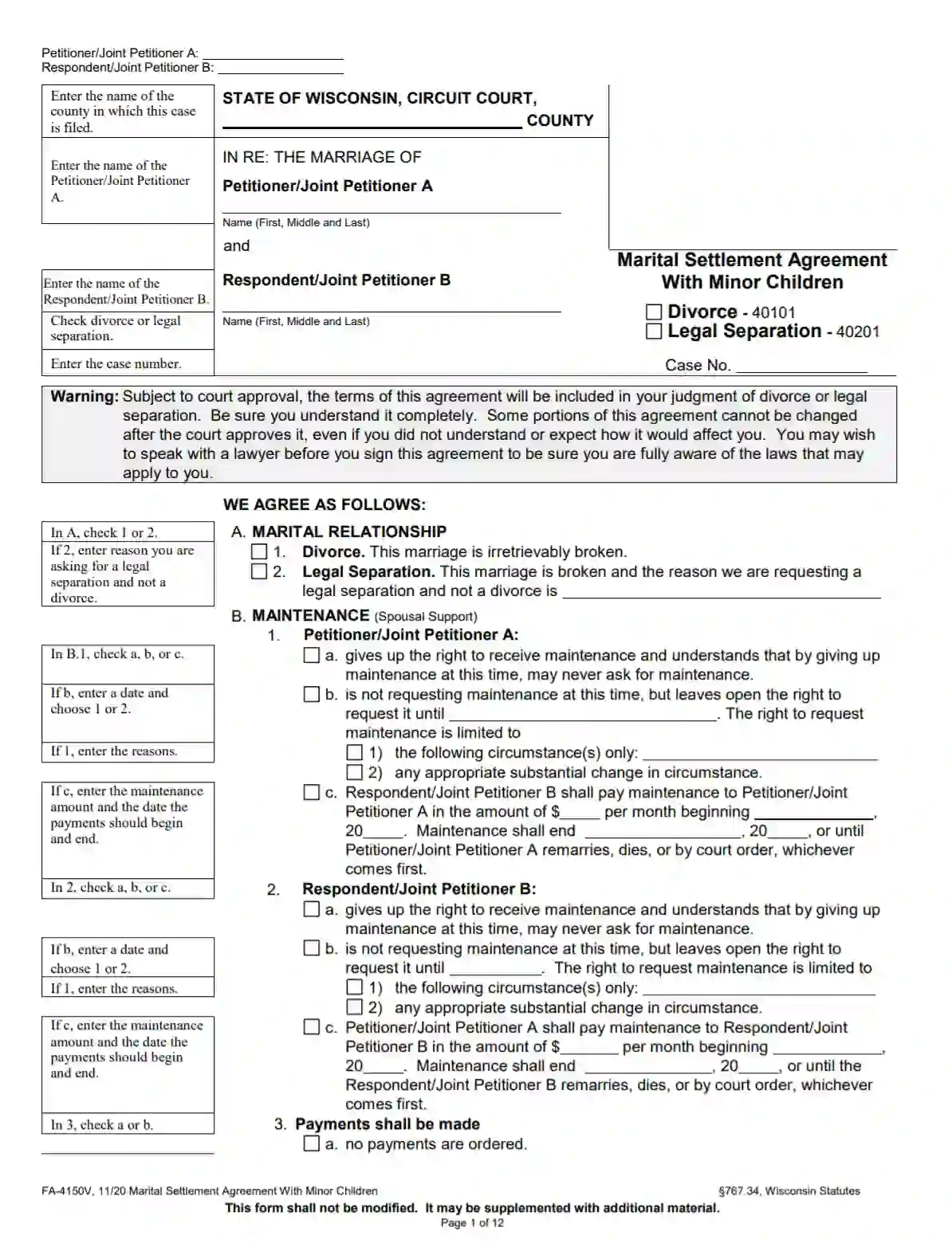 Wisconsin Divorce Marital Settlement Agreement Form PDF 