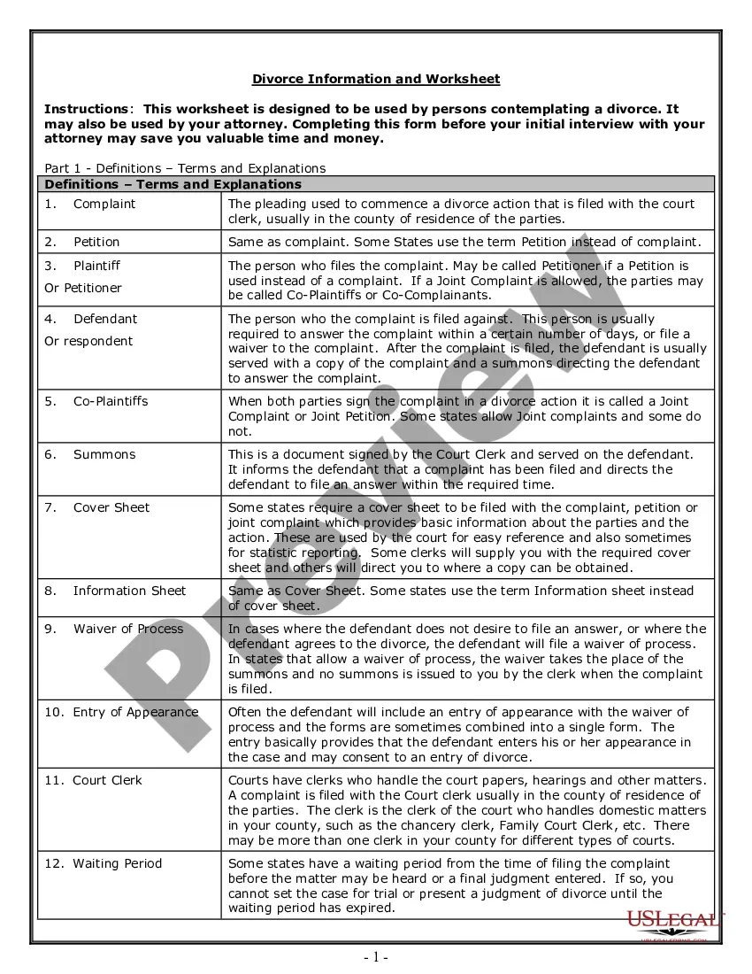 Wisconsin Divorce Worksheet And Law Summary For Contested Or Uncontested Case Of Over 25 Pages Ideal Client Interview Form US Legal Forms