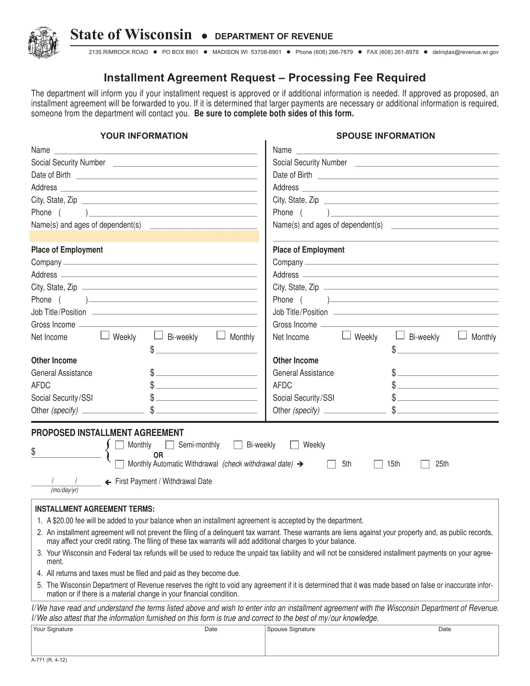 Wisconsin Tax Form A 771 Fill Out Printable PDF Forms Online