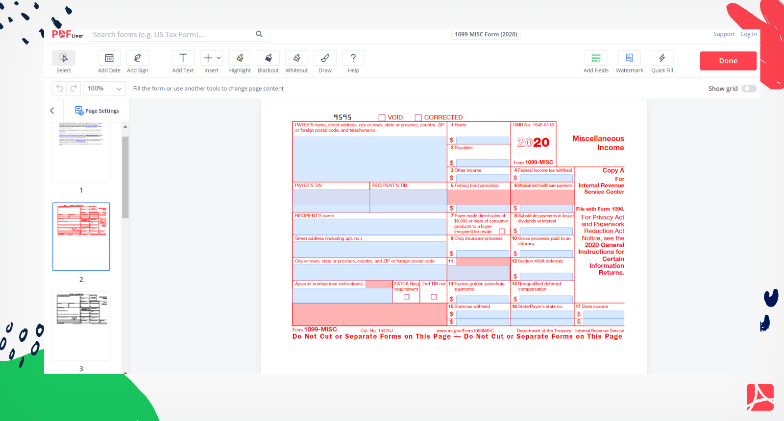 1099 misc form 2020 printable blank form online pdfliner