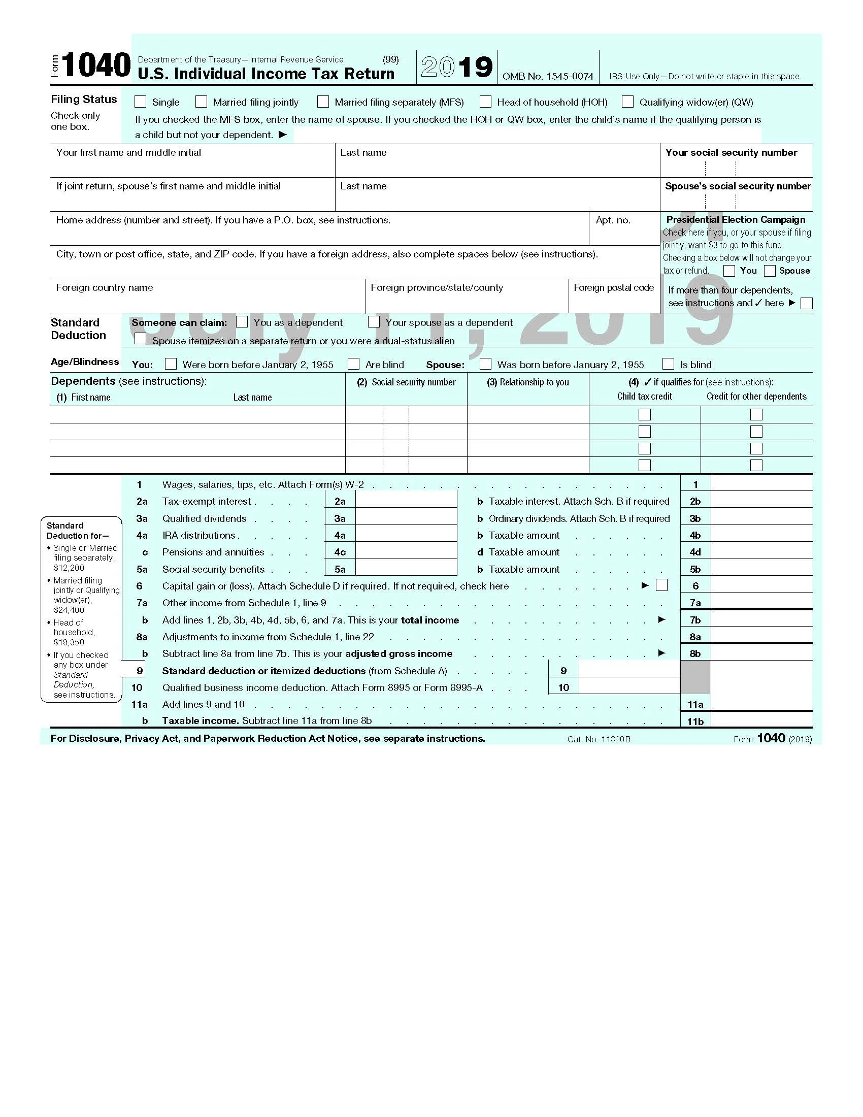 Printable Federal Tax Form 1040