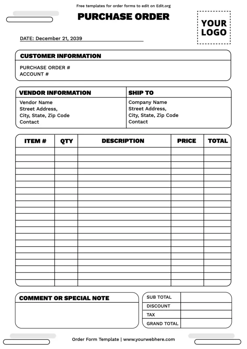 printable order form templates